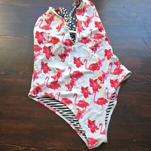 Flamingo Print One-Piece Swimsuit - High Neck Halter (EUC)